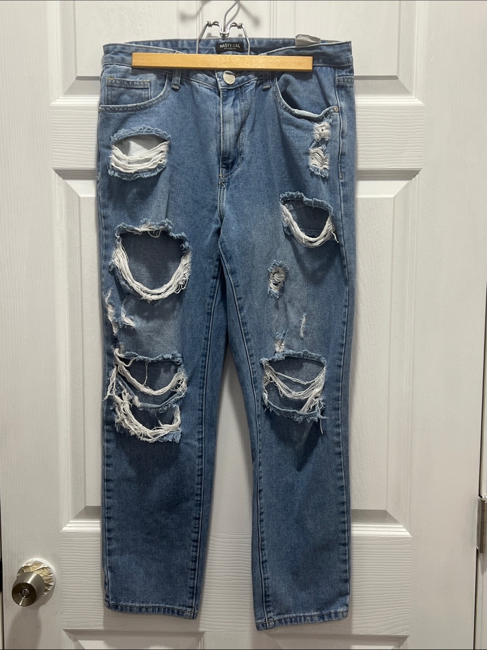Nasty Gal Blue Oversized Distressed Ripped Jeans